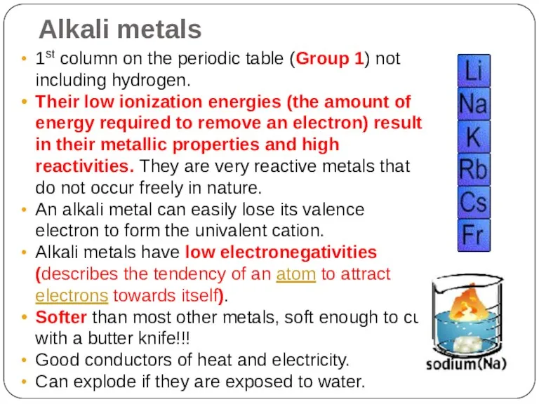 Alkali metals 1st column on the periodic table (Group 1)