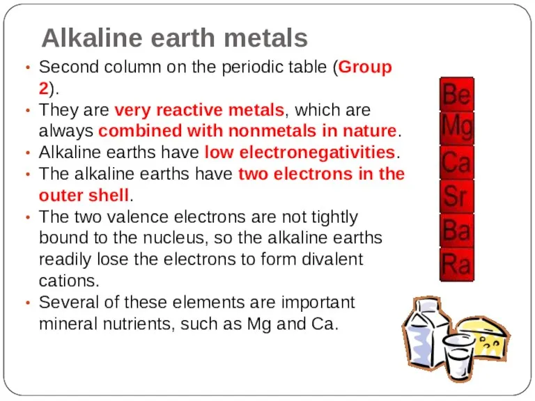 Alkaline earth metals Second column on the periodic table (Group
