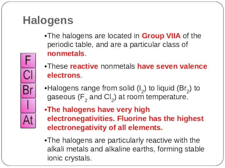 The halogens are located in Group VIIA of the periodic