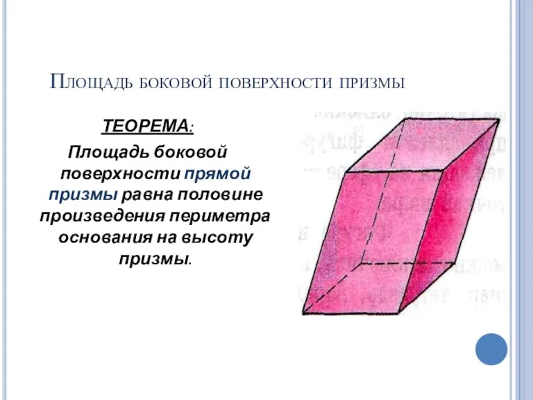 Площадь боковой поверхности призмы ТЕОРЕМА: Площадь боковой поверхности прямой призмы