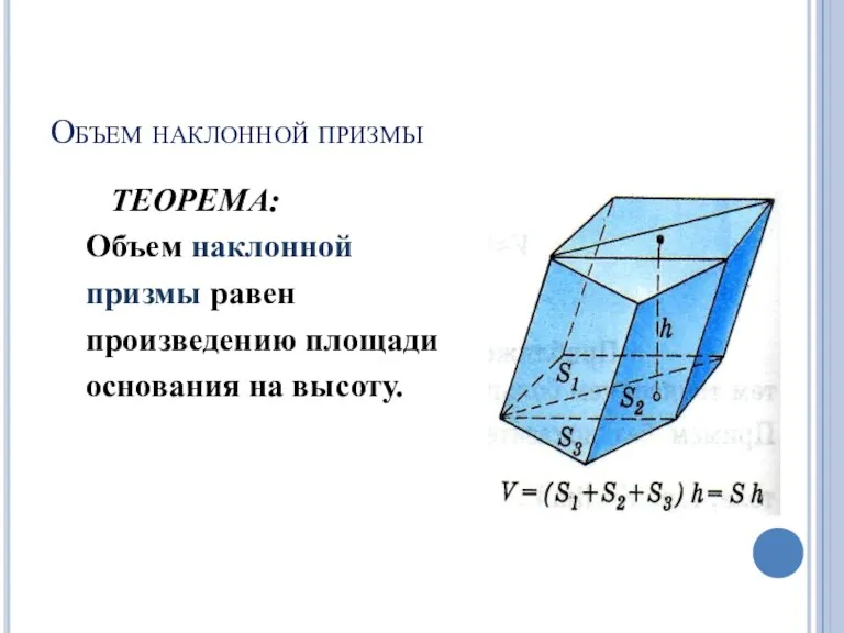 Объем наклонной призмы ТЕОРЕМА: Объем наклонной призмы равен произведению площади основания на высоту.