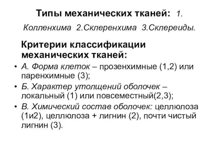 Типы механических тканей: 1.Колленхима 2.Склеренхима 3.Склереиды. Критерии классификации механических тканей: