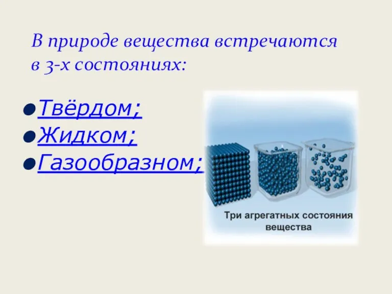 В природе вещества встречаются в 3-х состояниях: Твёрдом; Жидком; Газообразном;