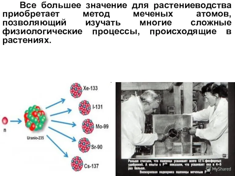 Все большее значение для растениеводства приобретает метод меченых атомов, позволяющий