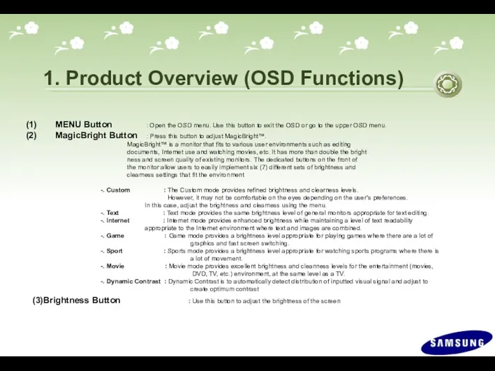 1. Product Overview (OSD Functions) MENU Button : Open the