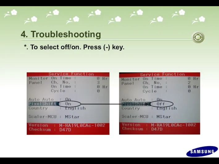 *. To select off/on. Press (-) key. 4. Troubleshooting