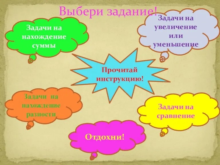 Задачи на нахождение разности Задачи на нахождение суммы Задачи на