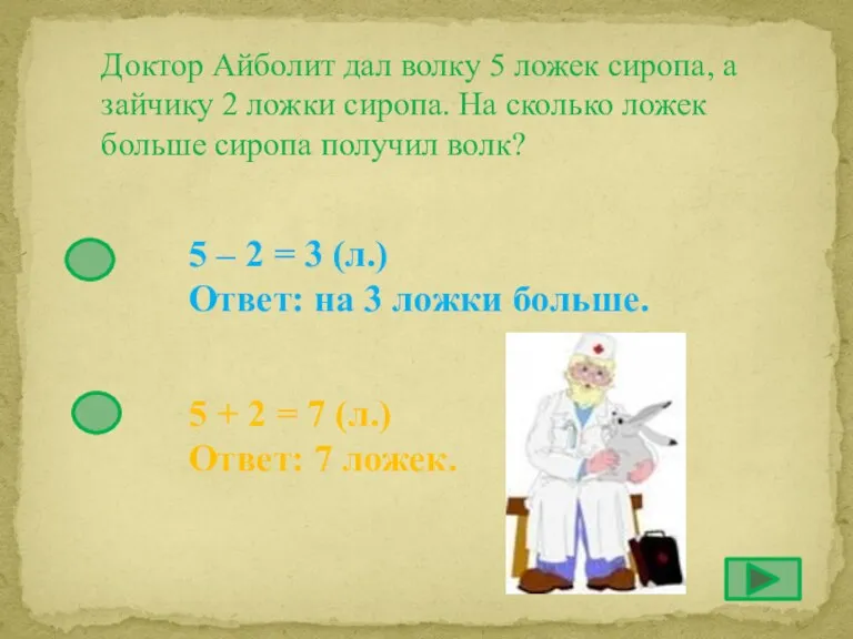 Доктор Айболит дал волку 5 ложек сиропа, а зайчику 2