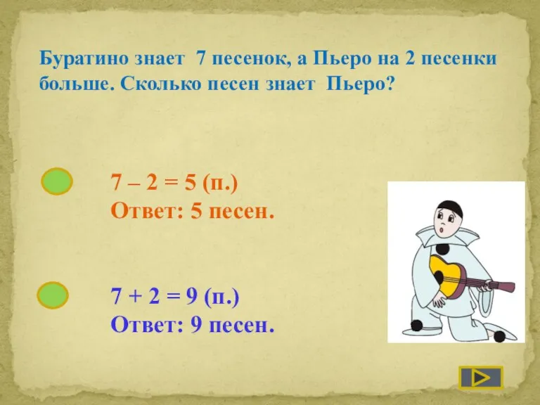 Буратино знает 7 песенок, а Пьеро на 2 песенки больше.