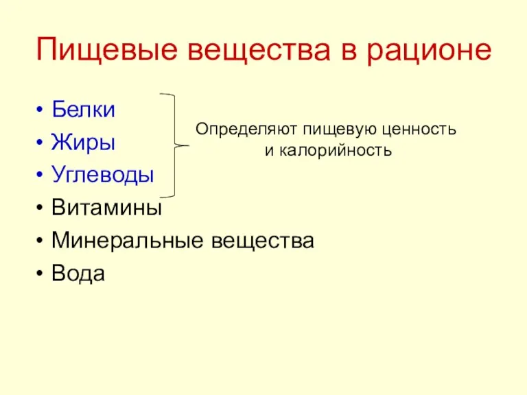 Пищевые вещества в рационе Белки Жиры Углеводы Витамины Минеральные вещества Вода Определяют пищевую ценность и калорийность