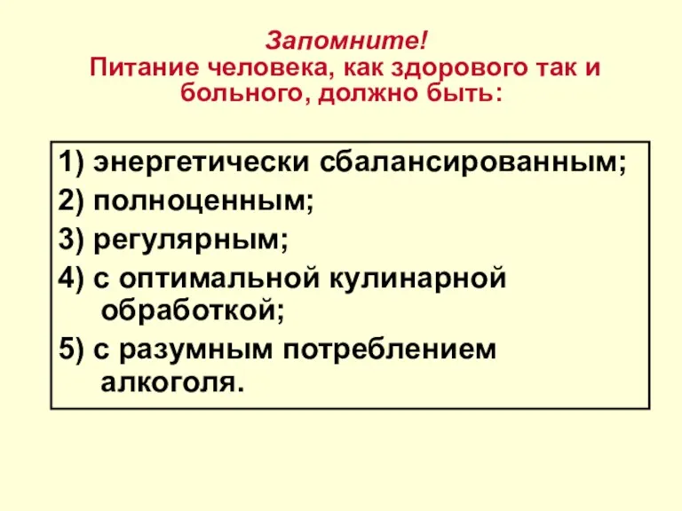 Запомните! Питание человека, как здорового так и больного, должно быть: