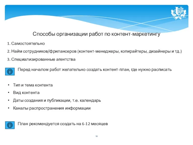 Способы организации работ по контент-маркетингу 1. Самостоятельно 2. Найм сотрудников/фрилансеров