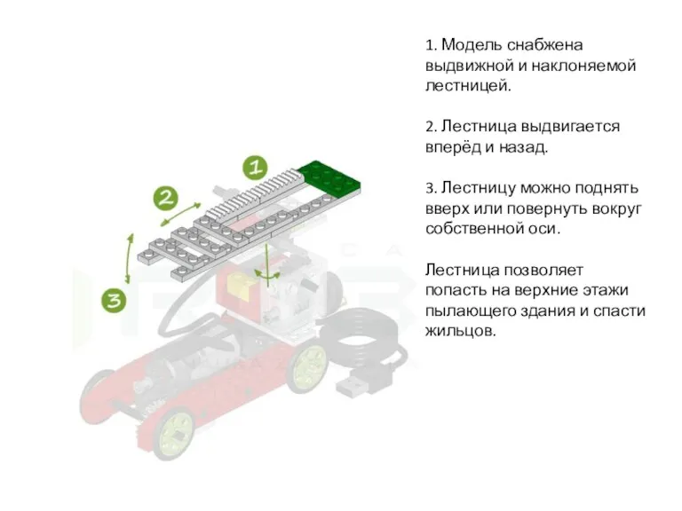 1. Модель снабжена выдвижной и наклоняемой лестницей. 2. Лестница выдвигается