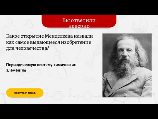 Вы ответили неверно Вернуться назад Периодическую систему химических элементов Какое