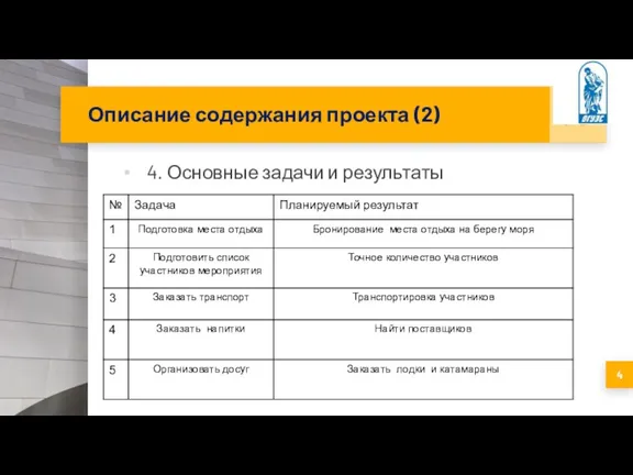 Описание содержания проекта (2) 4. Основные задачи и результаты