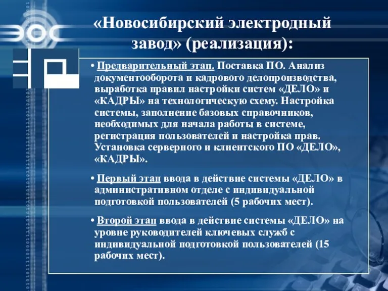 «Новосибирский электродный завод» (реализация): Предварительный этап. Поставка ПО. Анализ документооборота и кадрового делопроизводства,
