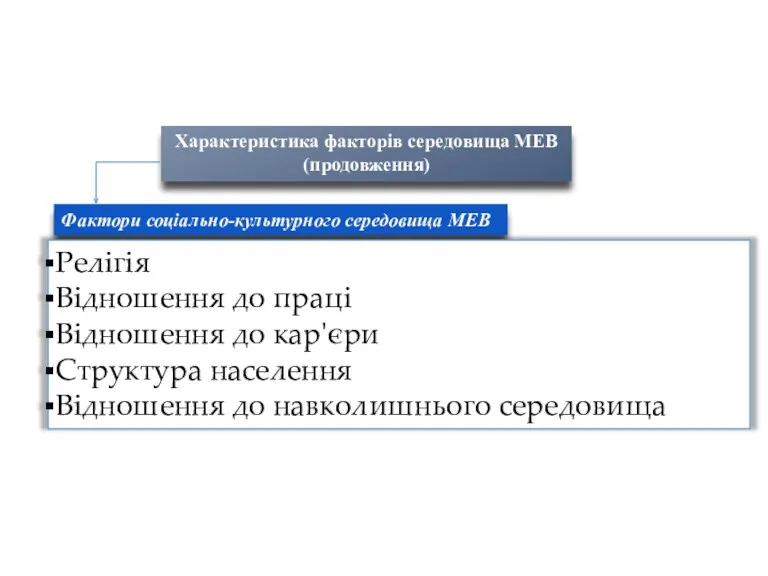 Характеристика факторів середовища МЕВ (продовження) Фактори соціально-культурного середовища МЕВ Релігія