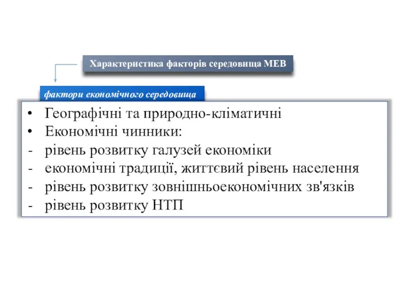 Характеристика факторів середовища МЕВ фактори економічного середовища Географічні та природно-кліматичні