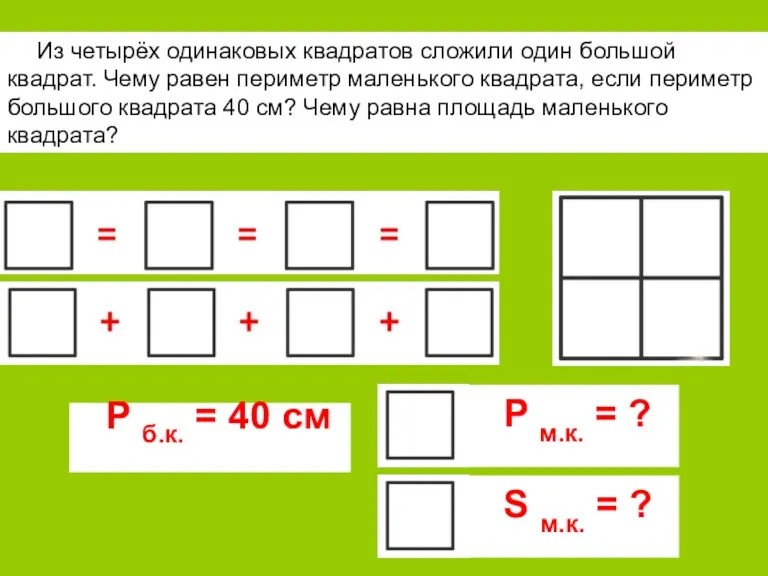 Из четырёх одинаковых квадратов сложили один большой квадрат. Чему равен периметр маленького квадрата,