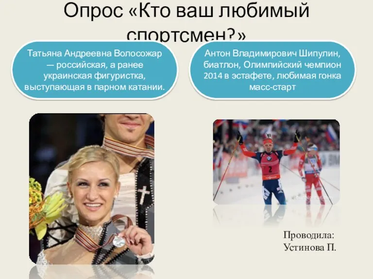 Опрос «Кто ваш любимый спортсмен?» Проводила: Устинова П. Татьяна Андреевна