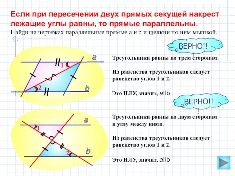 Если при пересечении двух прямых секущей накрест лежащие углы равны,