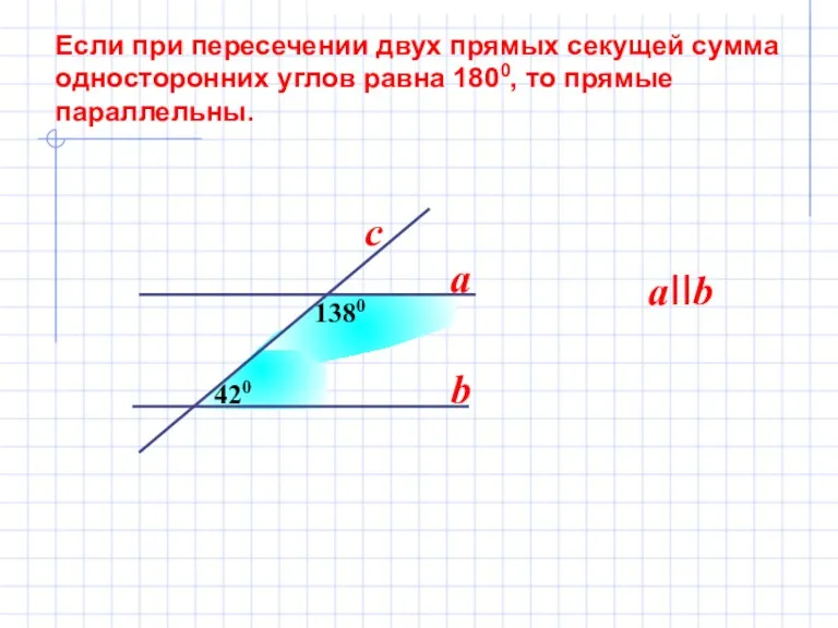 Если при пересечении двух прямых секущей сумма односторонних углов равна