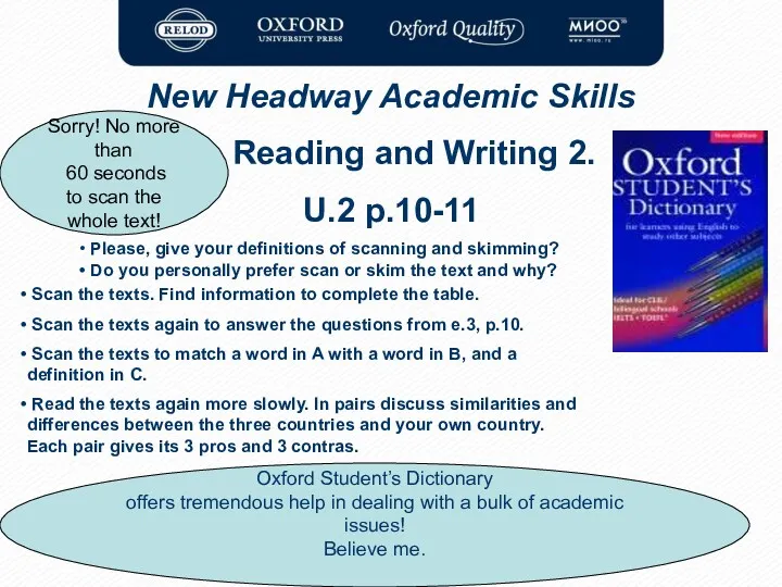 New Headway Academic Skills Reading and Writing 2. U.2 p.10-11 New Headway Academic
