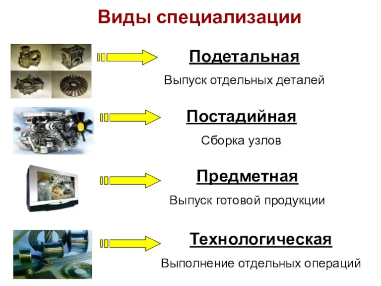 Виды специализации Подетальная Выпуск отдельных деталей Постадийная Сборка узлов Предметная