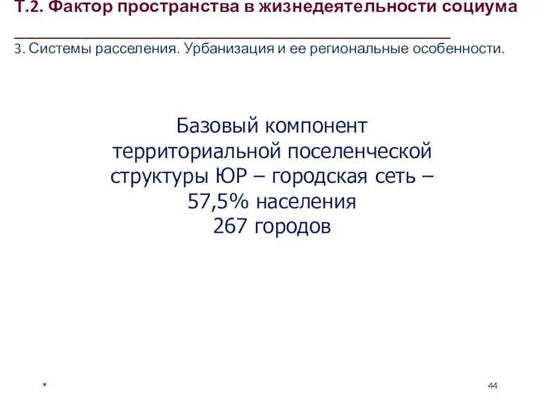 * Базовый компонент территориальной поселенческой структуры ЮР – городская сеть