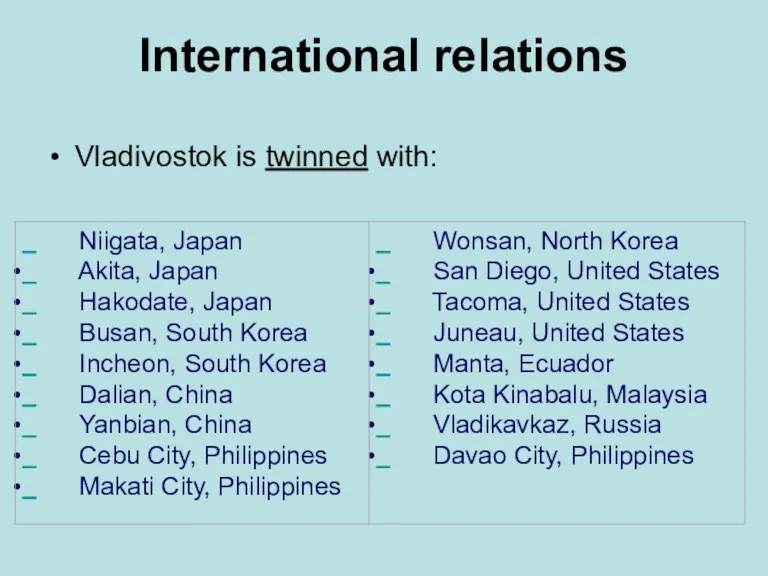 International relations Vladivostok is twinned with: