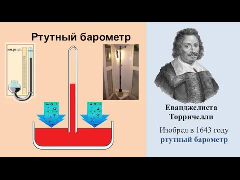 Ртутный барометр Еванджелиста Торричелли Изобрел в 1643 году ртутный барометр