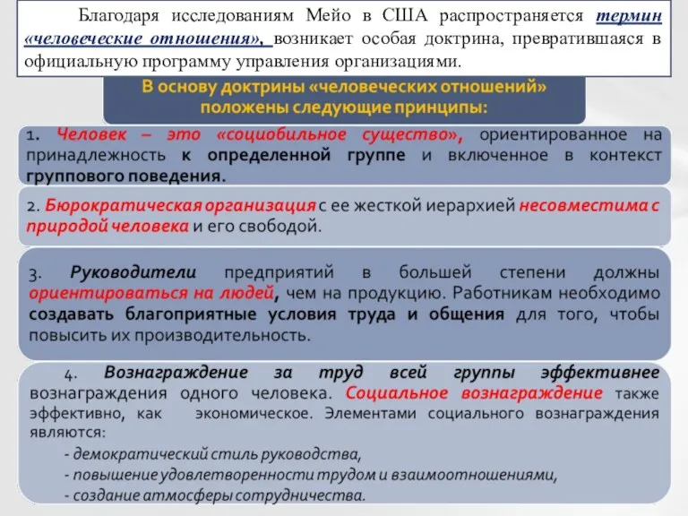 Благодаря исследованиям Мейо в США распространяется термин «человеческие отношения», возникает