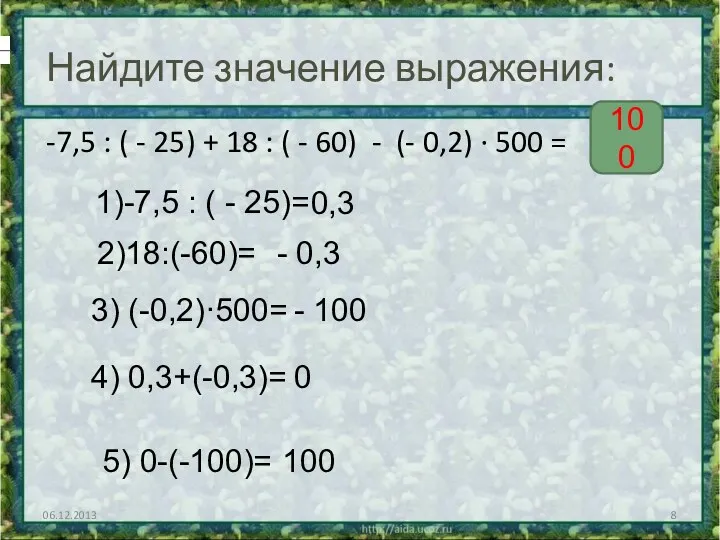 06.12.2013 Найдите значение выражения: -7,5 : ( - 25) +