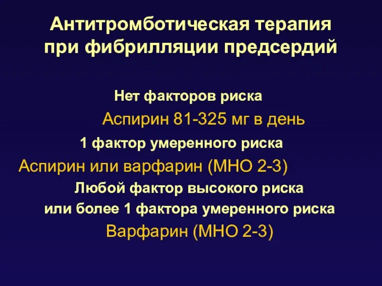 Антитромботическая терапия при фибрилляции предсердий Нет факторов риска Аспирин 81-325