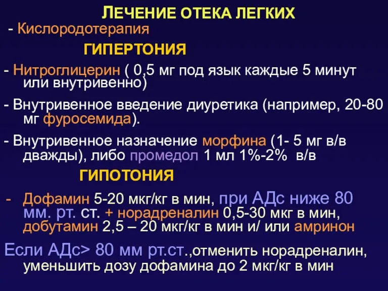 ЛЕЧЕНИЕ ОТЕКА ЛЕГКИХ - Кислородотерапия ГИПЕРТОНИЯ - Нитроглицерин ( 0,5