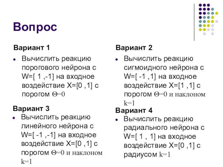 Вопрос Вариант 1 Вычислить реакцию порогового нейрона с W=[ 1