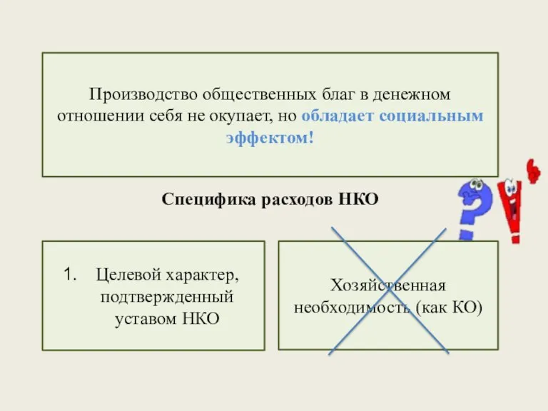 Специфика расходов НКО Целевой характер, подтвержденный уставом НКО Производство общественных