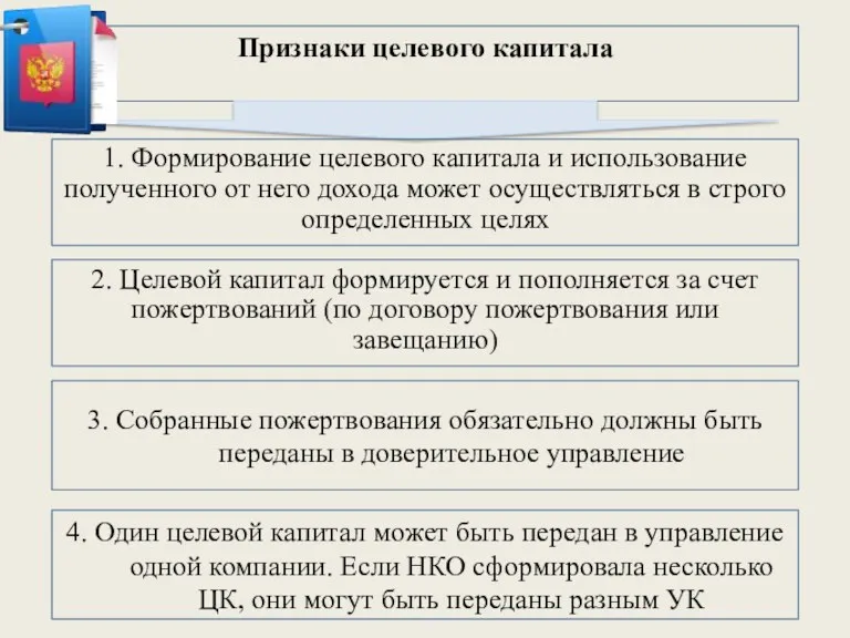 Признаки целевого капитала 3. Собранные пожертвования обязательно должны быть переданы