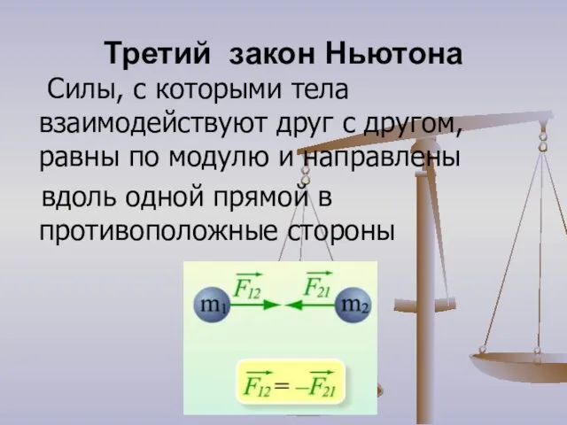 Третий закон Ньютона Силы, с которыми тела взаимодействуют друг с