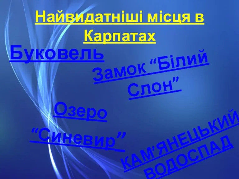 Найвидатніші місця в Карпатах Буковель Замок “Білий Слон” Озеро “Синевир” КАМ’ЯНЕЦЬКИЙ ВОДОСПАД