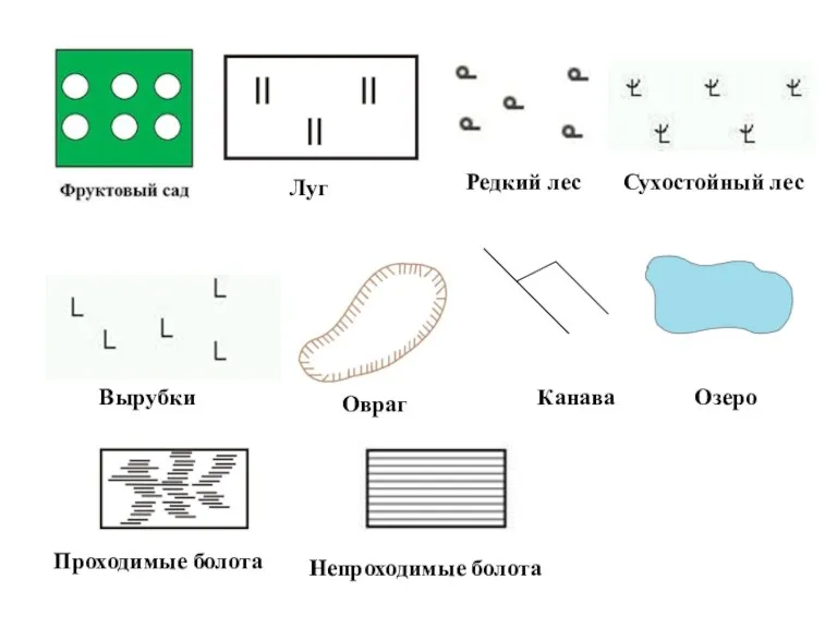 Луг Редкий лес Сухостойный лес Вырубки Овраг Канава Озеро Проходимые болота Непроходимые болота