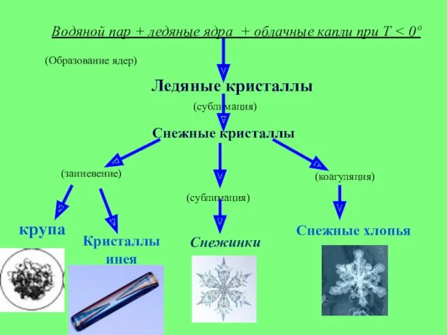 Водяной пар + ледяные ядра + облачные капли при Т