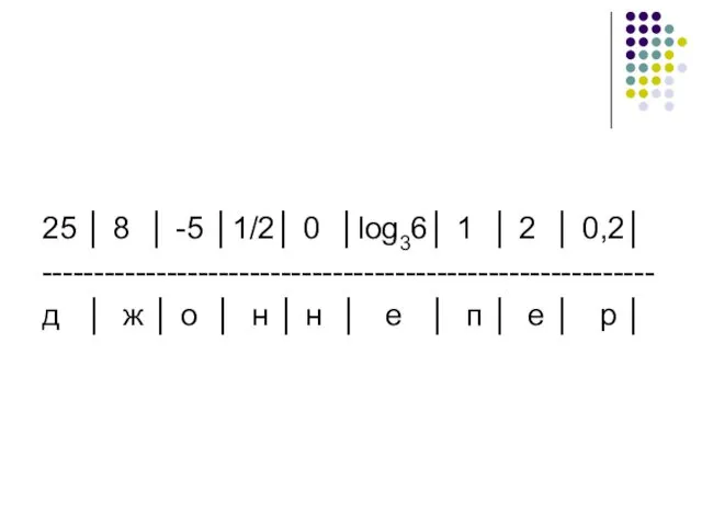 25 │ 8 │ -5 │1/2│ 0 │log36│ 1 │