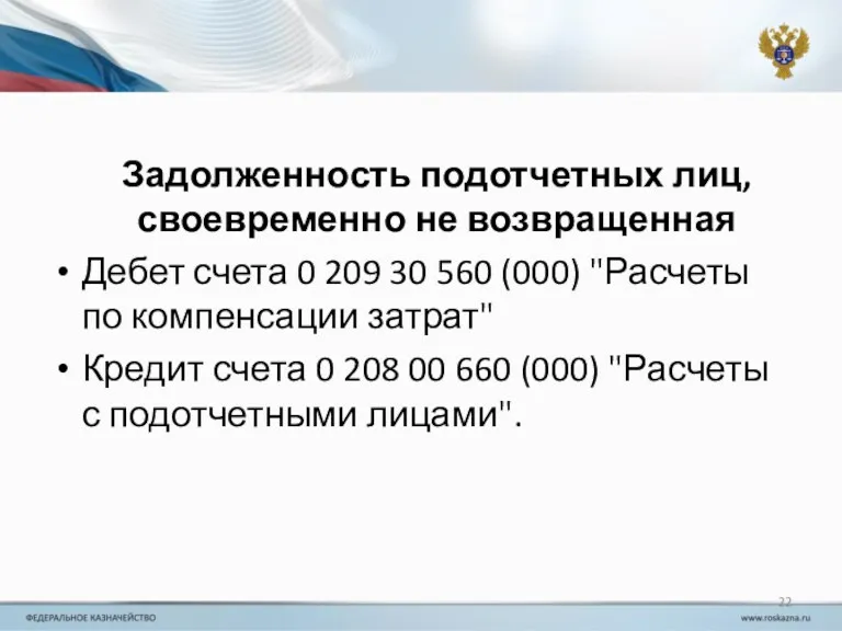 Задолженность подотчетных лиц, своевременно не возвращенная Дебет счета 0 209