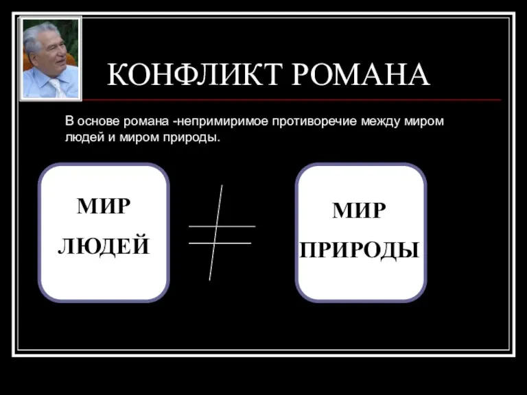 КОНФЛИКТ РОМАНА МИР ЛЮДЕЙ МИР ПРИРОДЫ В основе романа -непримиримое