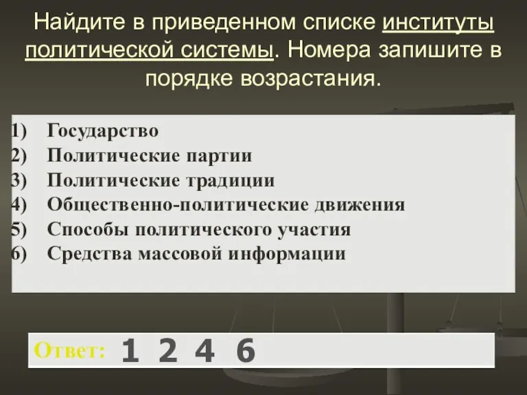 Найдите в приведенном списке институты политической системы. Номера запишите в порядке возрастания. 1 2 4 6