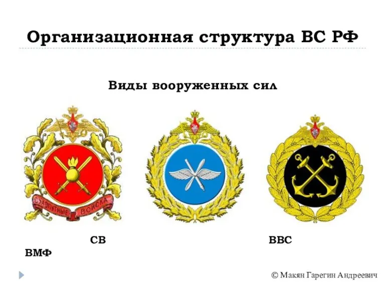 Организационная структура ВС РФ © Макян Гарегин Андреевич Виды вооруженных сил СВ ВВС ВМФ