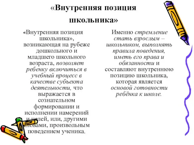 «Внутренняя позиция школьника» «Внутренняя позиция школьника», возникающая на рубеже дошкольного