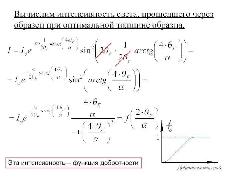 Вычислим интенсивность света, прошедшего через образец при оптимальной толщине образца. Эта интенсивность – функция добротности