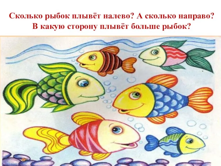 Сколько рыбок плывёт налево? А сколько направо? В какую сторону плывёт больше рыбок?